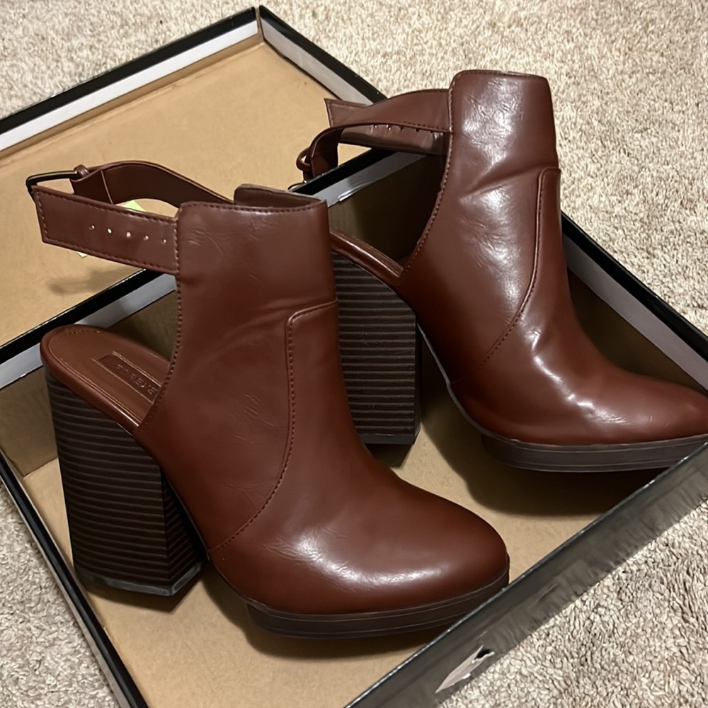 Open heel brown booties